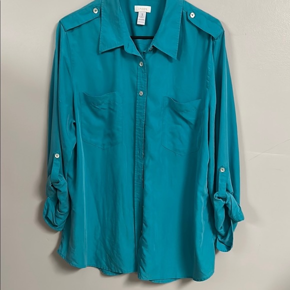 Teal Button-Up Women's Top - Picture 1 of 5